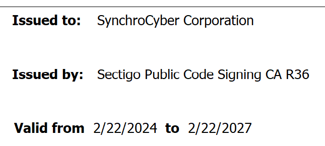 SynchroCyber Code Signing Certificate